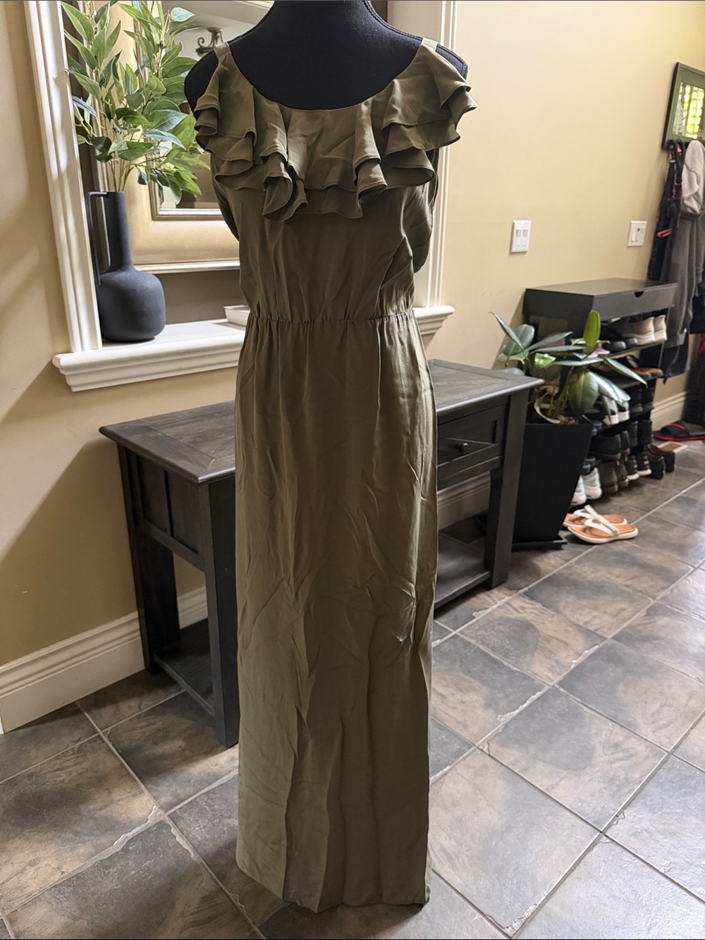 Calvin Klein Olive Green Ruffle-Trim Maxi Dress